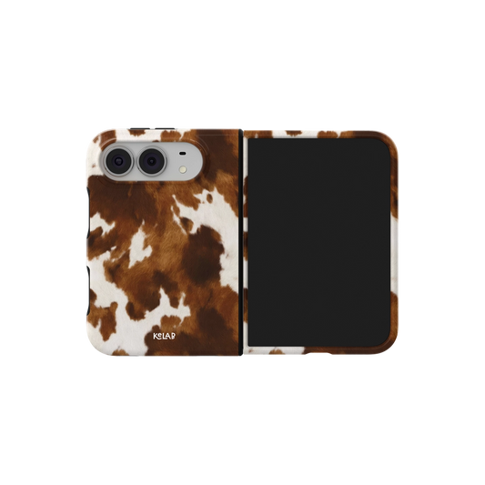 Mahogany Cow Print, Western iPhone 18 Fold Case, unfolded side view showing the hinge