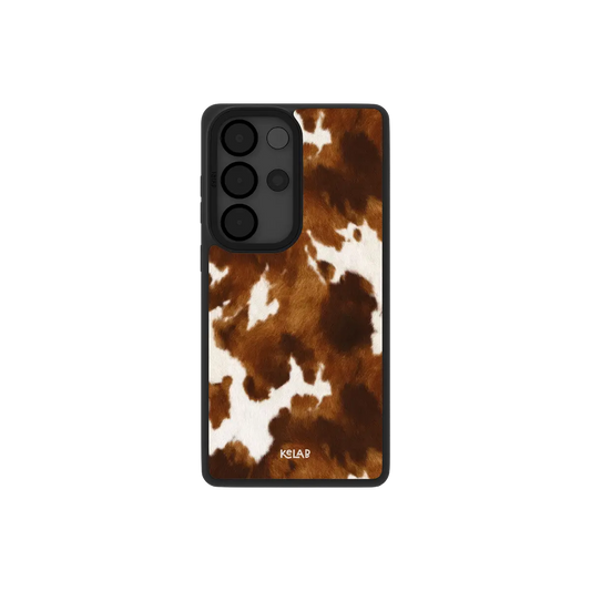 Classic Samsung Galaxy phone case in brown and white cow print pattern with TPU material