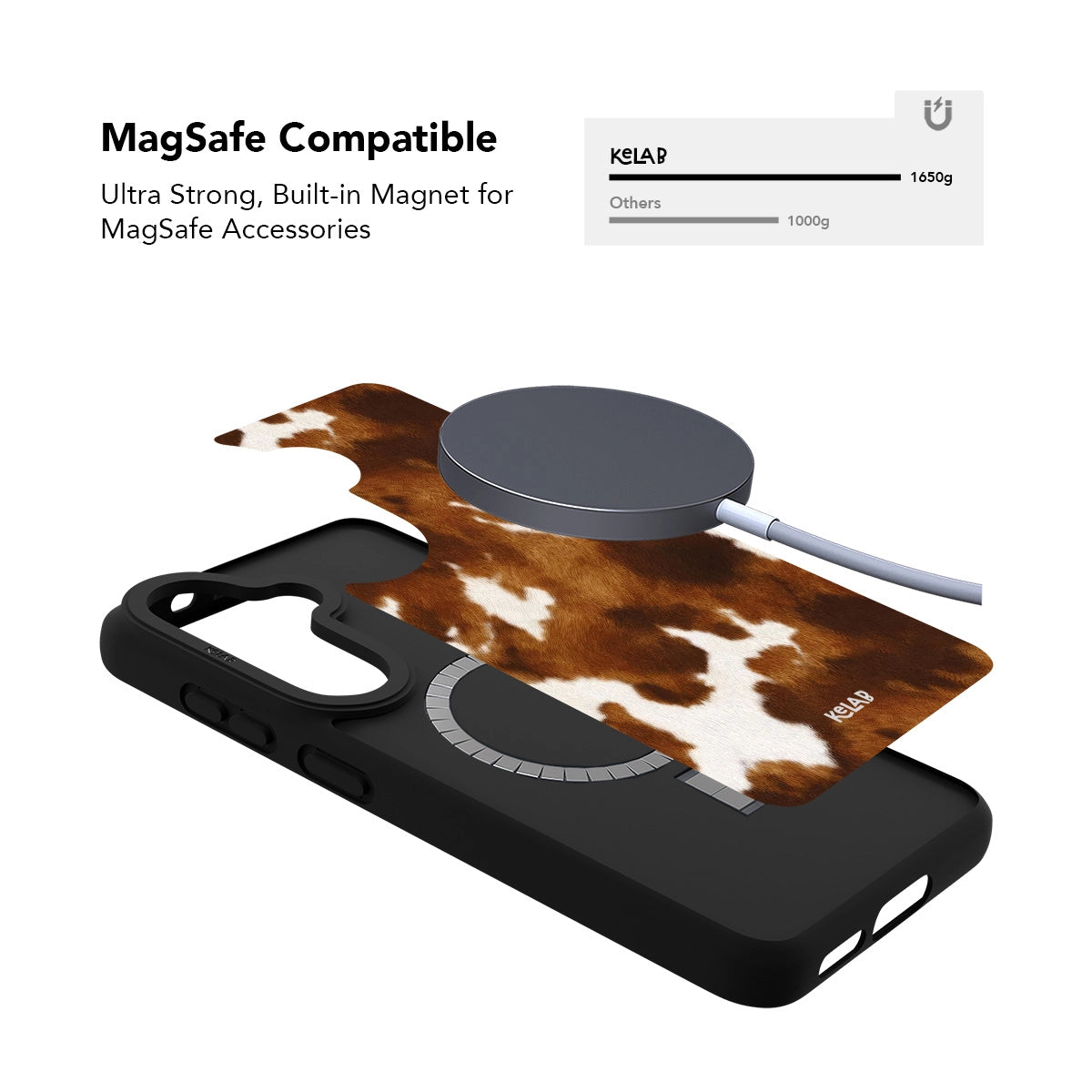Samsung Galaxy phone case in classic black with cow print design and MagSafe compatibility