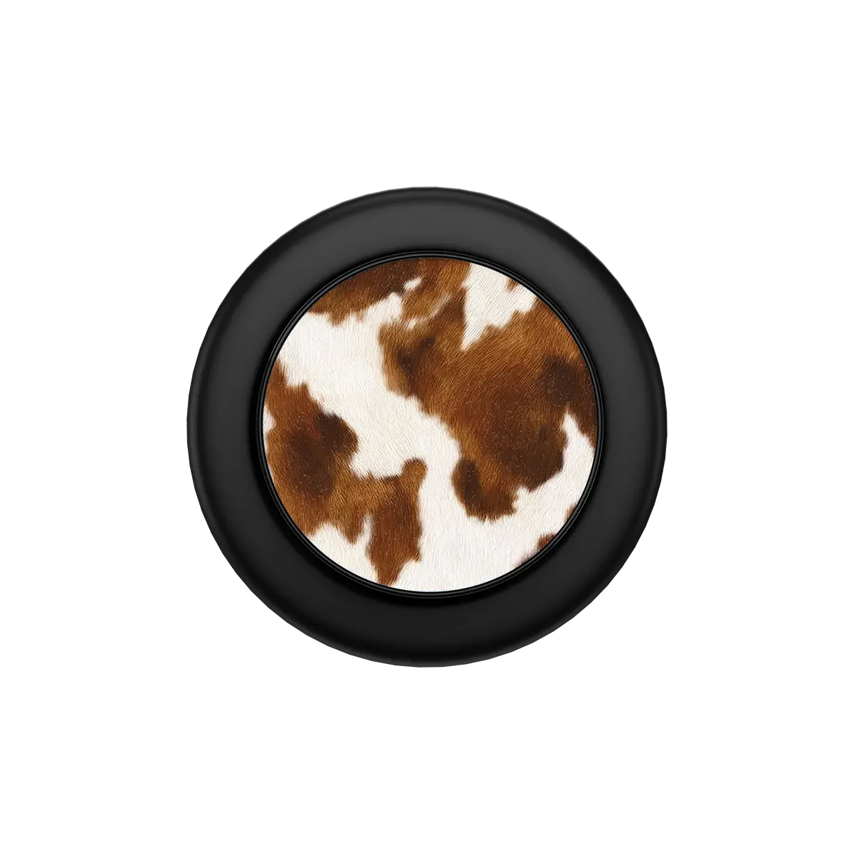 Black round MagSafe phone grip with brown and white cow print center and built-in strong magnets.