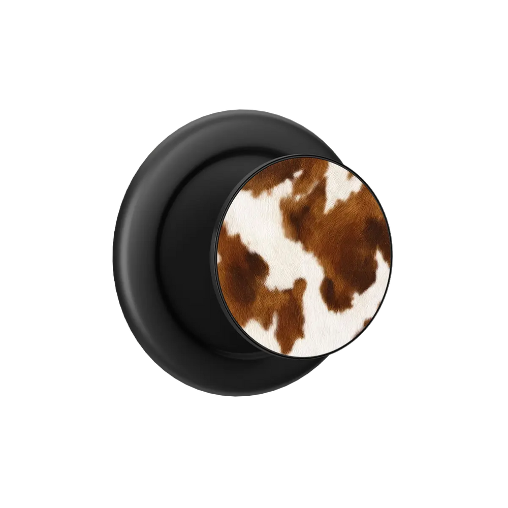 Cow print pop grip with black base, MagSafe phone grip featuring built-in strong magnets.