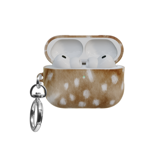 Deer Print airpods pro case front view with open lid and keychain