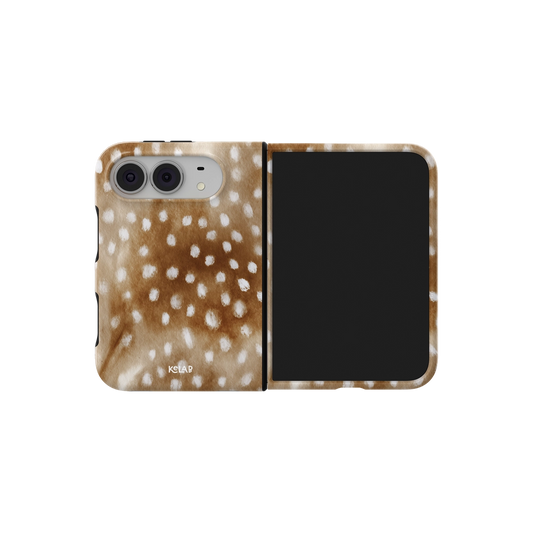 Brown Deer Print, Cottagecore iPhone 18 Fold Case, unfolded side view showing the hinge