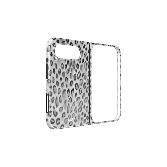 Black & White Cheetah Print, Leopard iPhone 18 Fold Case, unfolded side view showing the hinge