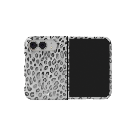 Black & White Cheetah Print, Leopard iPhone 18 Fold Case, unfolded side view showing the hinge