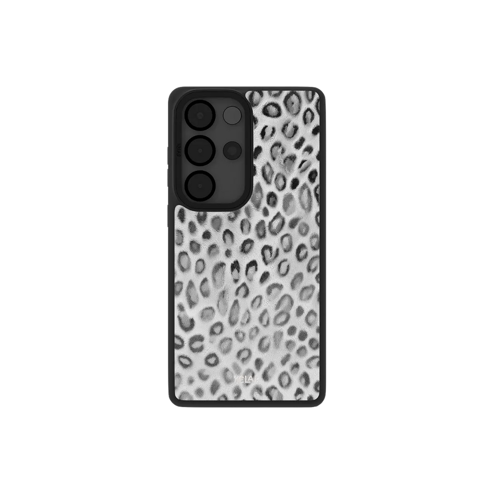 Classic Samsung Galaxy phone case in black and white leopard print design with TPU material
