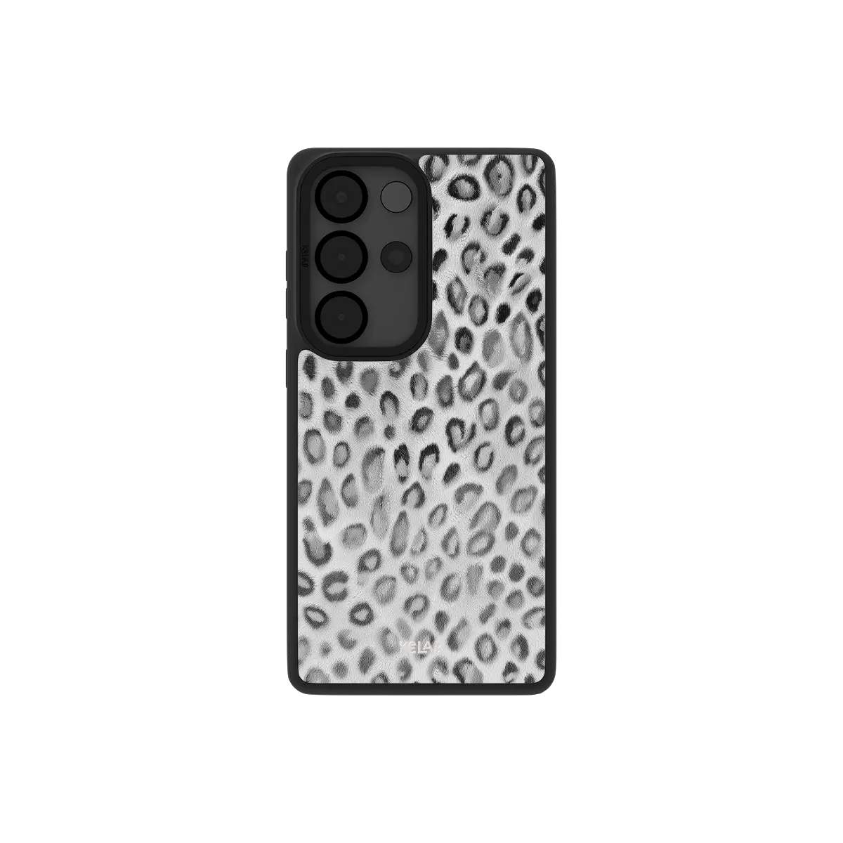 Classic Samsung Galaxy phone case in black and white leopard print design with TPU material