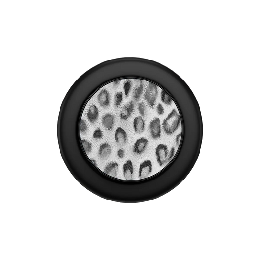 Black phone grip with silver cheetah print center, MagSafe pop grip with built-in strong magnets.