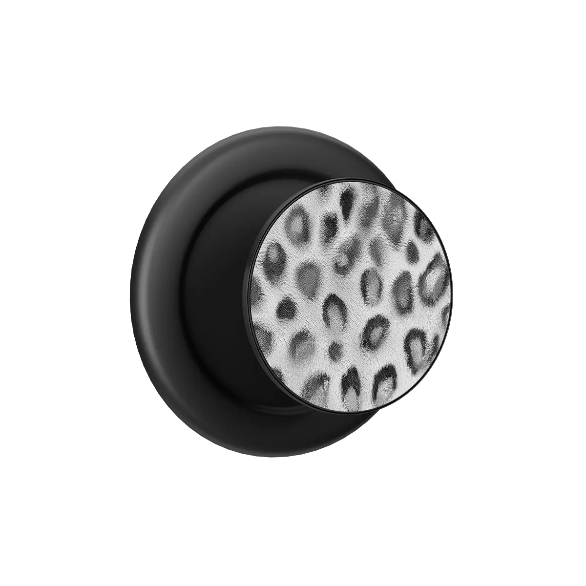 Black PopSocket with silver cheetah print top featuring built-in strong magnets for MagSafe phone grip.
