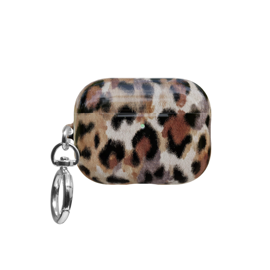 Tan Cheetah airpods pro case front view with closed lid and keychain