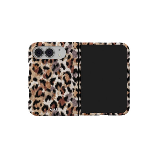 Tan Cheetah Print, Coquette Leopard iPhone 18 Fold Case, unfolded side view showing the hinge