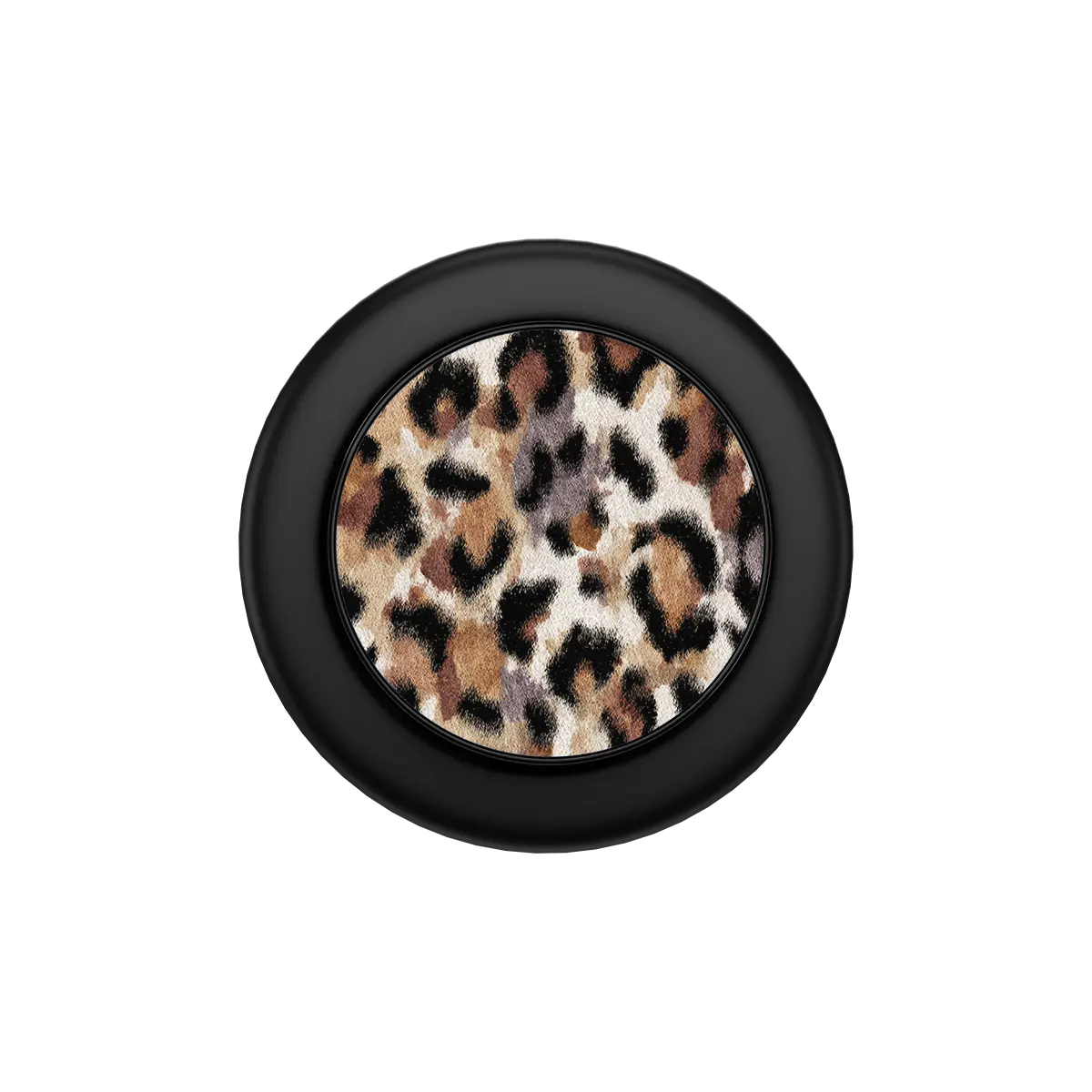Black round MagSafe phone grip with cheetah print center and built-in strong magnets.