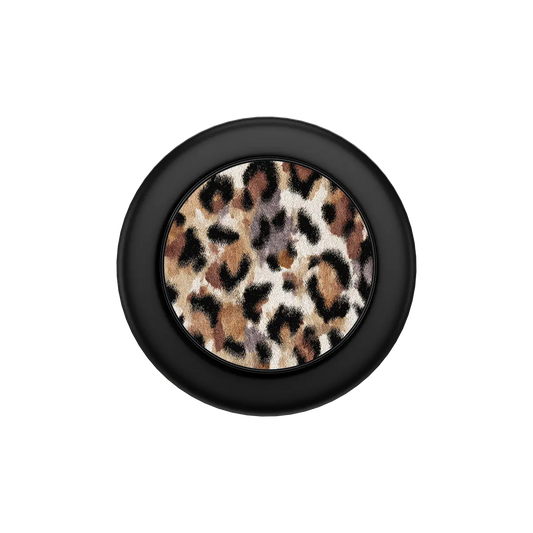 Black round MagSafe phone grip with cheetah print center and built-in strong magnets.