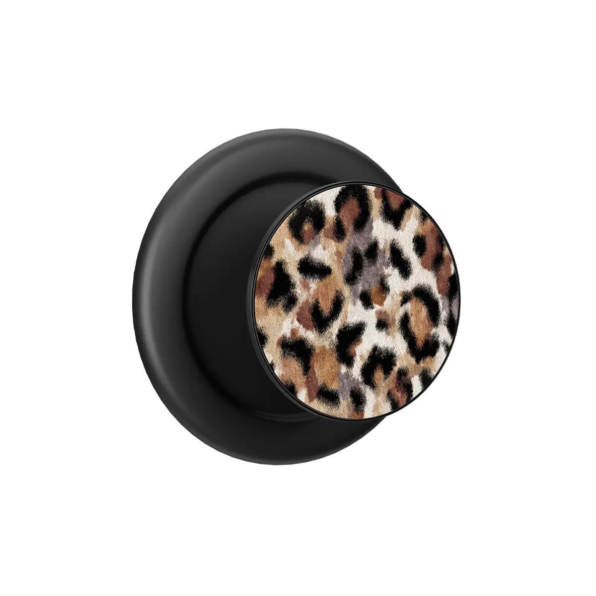 Black MagSafe phone grip with cheetah print top and built-in strong magnets pop grip design.