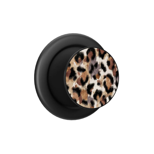 Black MagSafe phone grip with cheetah print top and built-in strong magnets pop grip design.