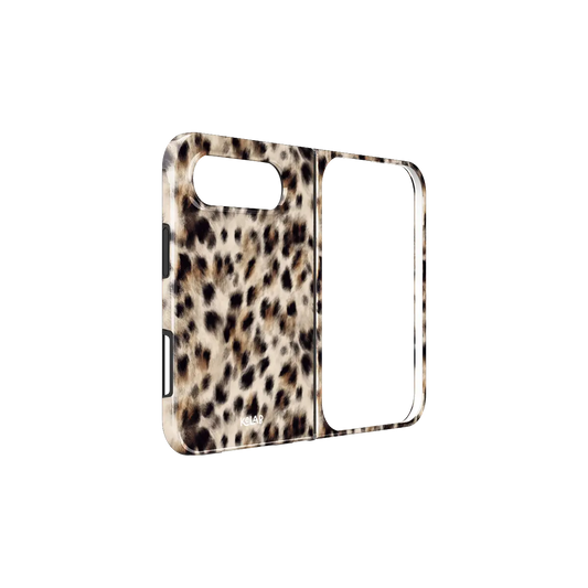 Beige Cheetah Print, Y2K Leopard iPhone 18 Fold Case, unfolded side view showing the hinge