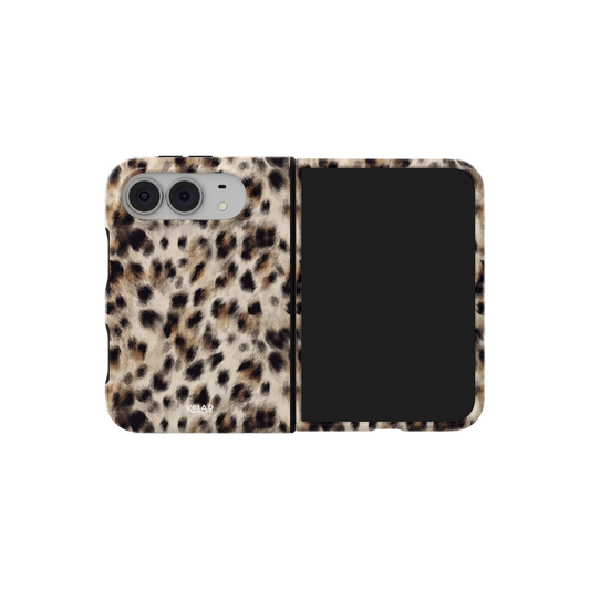 Beige Cheetah Print, Y2K Leopard iPhone 18 Fold Case, unfolded side view showing the hinge