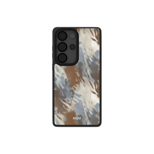 Watercolor abstract Samsung Galaxy case, back view with slate blue and terracotta washes around the camera cutout