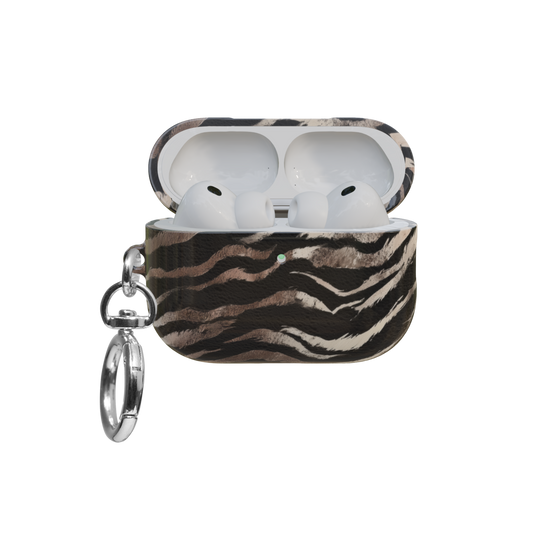 Zebra Stripe airpods pro case front view with open lid and keychain