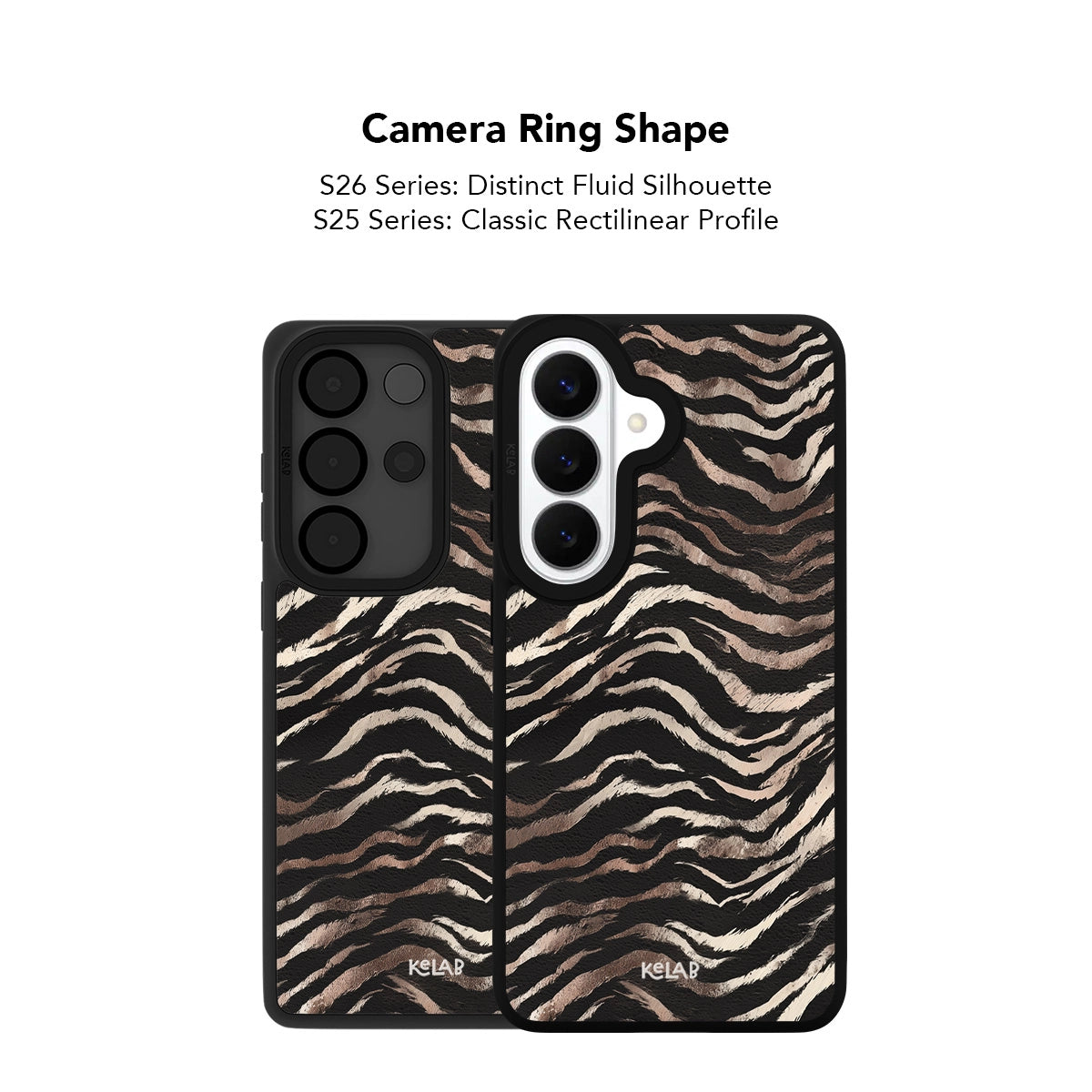 Samsung Galaxy phone case in classic black and brown zebra print with camera ring shape design