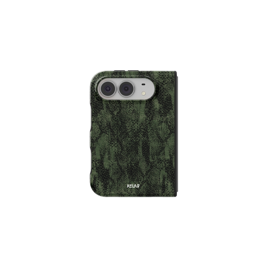 Olive Snakeskin iPhone 18 Fold Case, unfolded front view