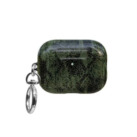 Olive Snake Print airpods pro case front view with closed lid and keychain