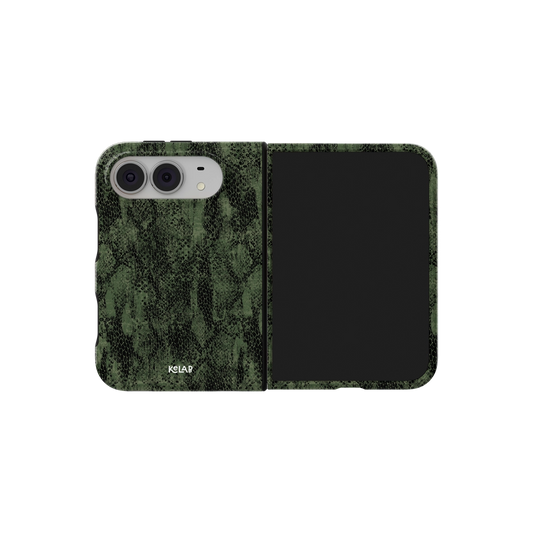 Olive Snakeskin iPhone 18 Fold Case, unfolded side view showing the hinge