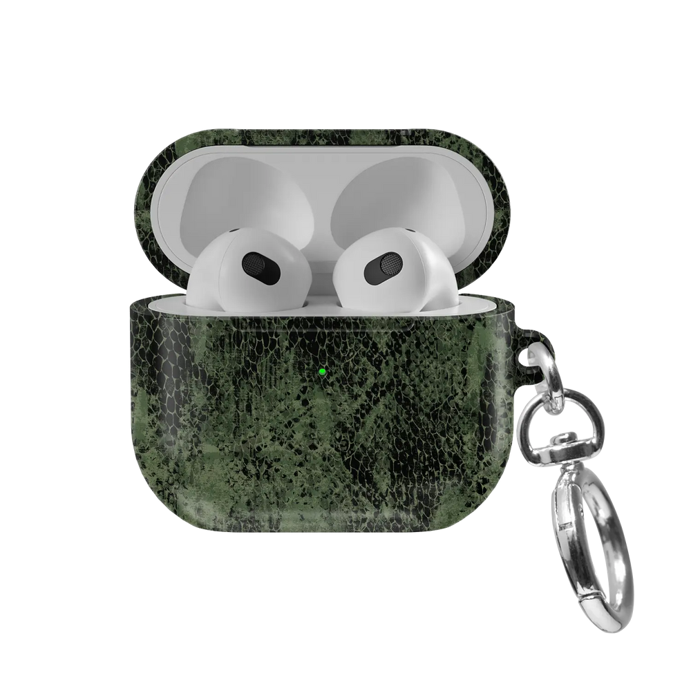 Olive Snake Print AirPods Case, front view with lid open