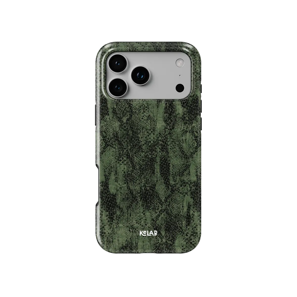 Olive Green Snake Print iPhone Case, back view showing full coverage and camera cutout