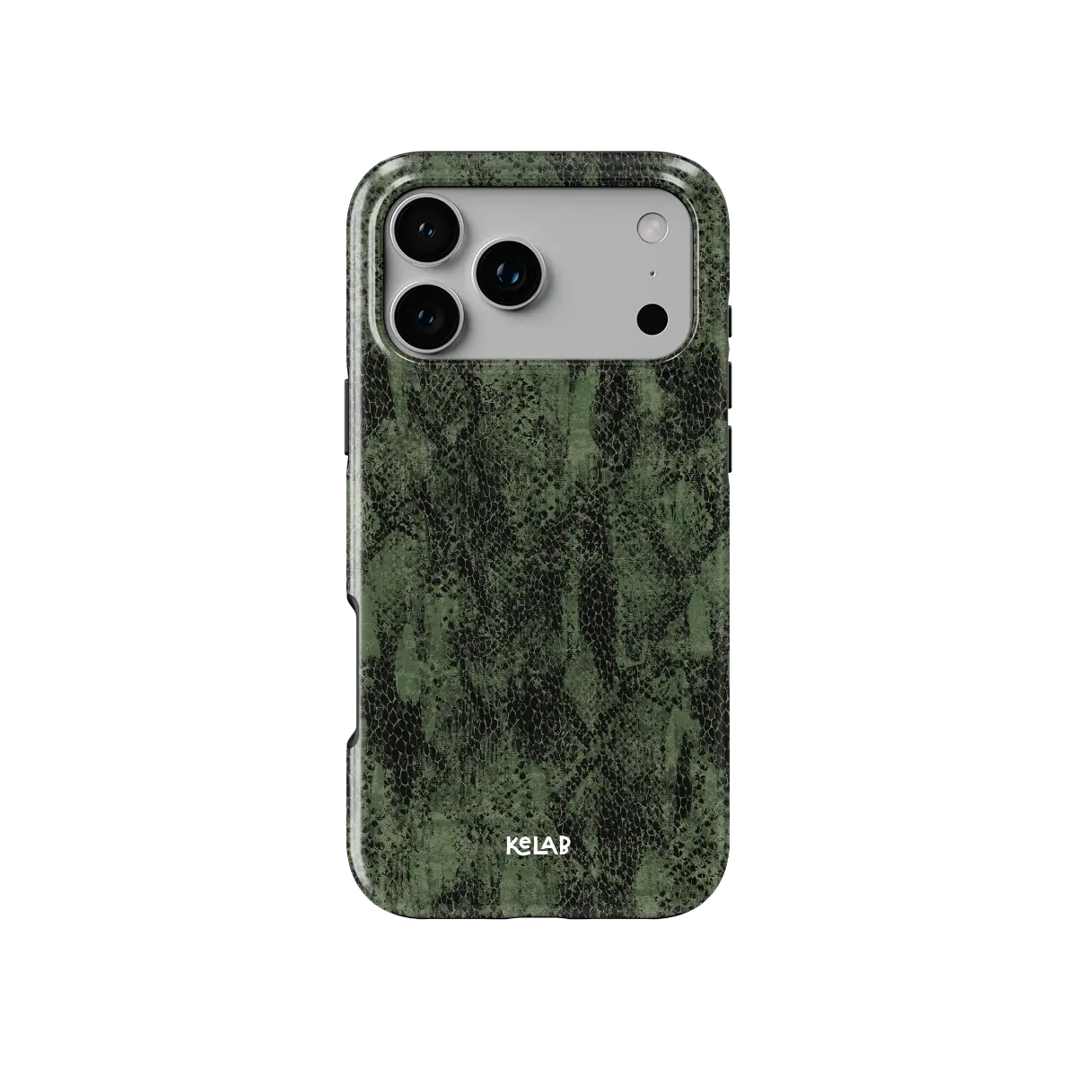 Olive Green Snake Print iPhone Case, back view showing full coverage and camera cutout