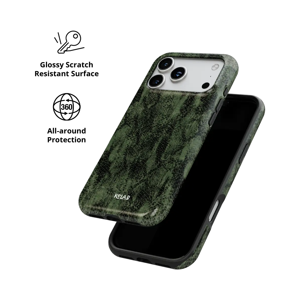Olive Green Snake Print iPhone Case, scratch-resistant all-around protection detail