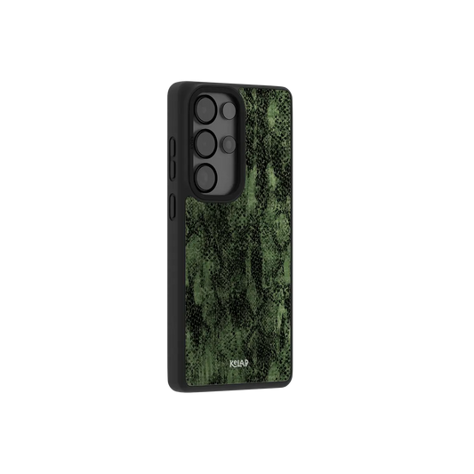 Samsung Galaxy phone case in classic green snake print with a minimalist design and durable TPU material