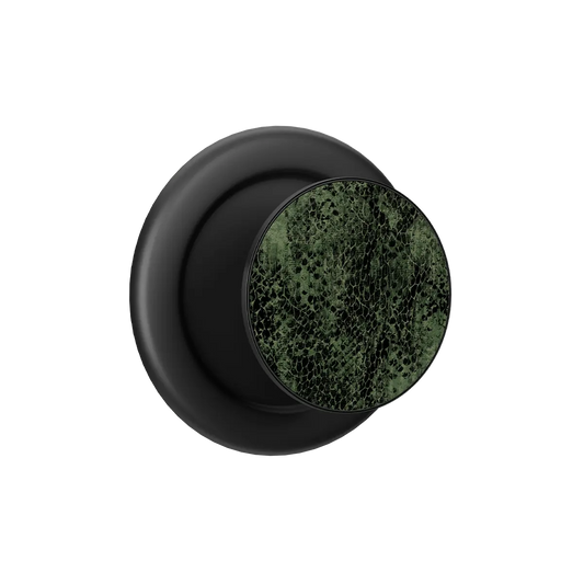 Black and olive snakeskin MagSafe phone grip with built-in strong magnets and pop grip design.