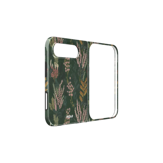 Floral, Pressed Flower Cottagecore iPhone 18 Fold Case, unfolded side view showing the hinge