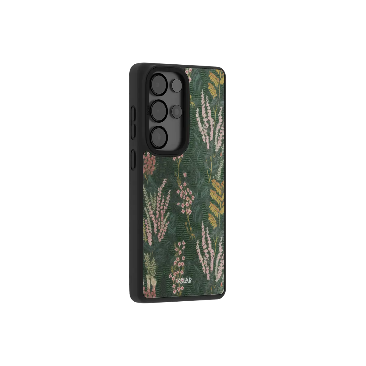 Samsung Galaxy phone case with a floral pattern on a dark green background and black TPU sides