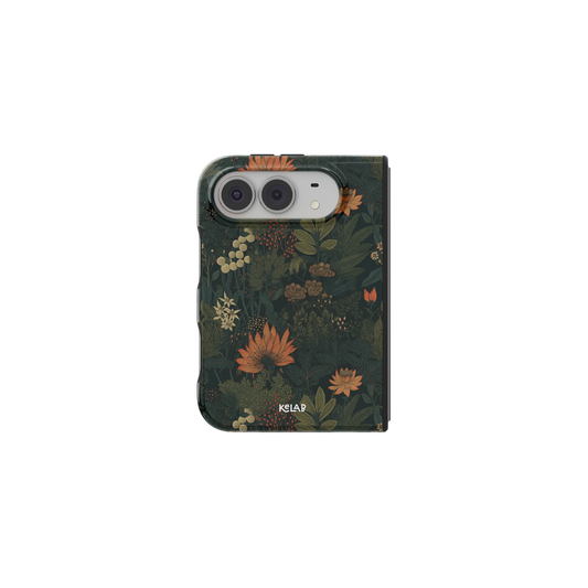 Forest Green Floral, Gothic Botanical iPhone 18 Fold Case, unfolded front view