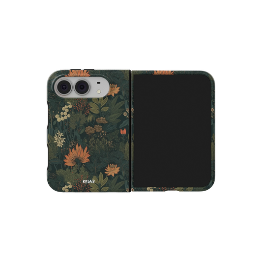 Forest Green Floral, Gothic Botanical iPhone 18 Fold Case, unfolded side view showing the hinge