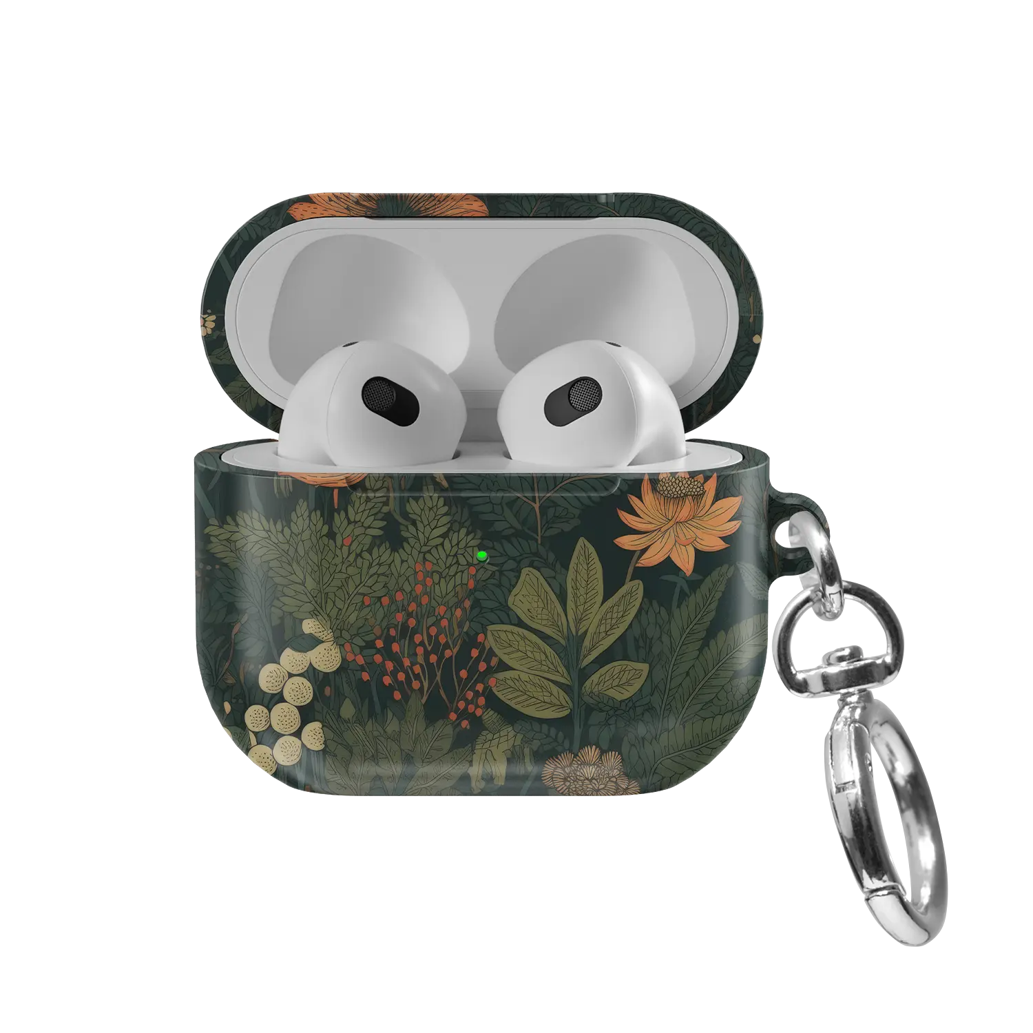 Elderberry Enchantment gothic botanical floral AirPods case in forest green, front view with lid open
