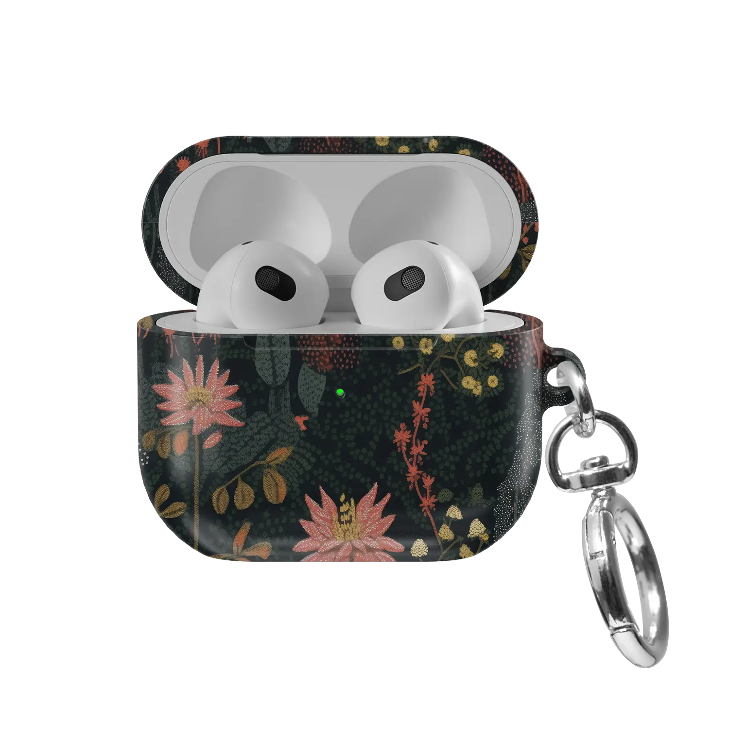 Starlit Botanica midnight floral AirPods case in dark green, front view with lid open
