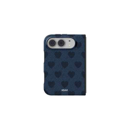 Denim Heart, Y2K Blue Jean Vintage iPhone 18 Fold Case, unfolded front view