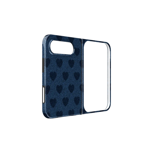 Denim Heart, Y2K Blue Jean Vintage iPhone 18 Fold Case, unfolded side view showing the hinge