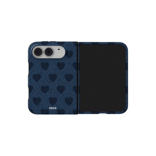 Denim Heart, Y2K Blue Jean Vintage iPhone 18 Fold Case, unfolded side view showing the hinge