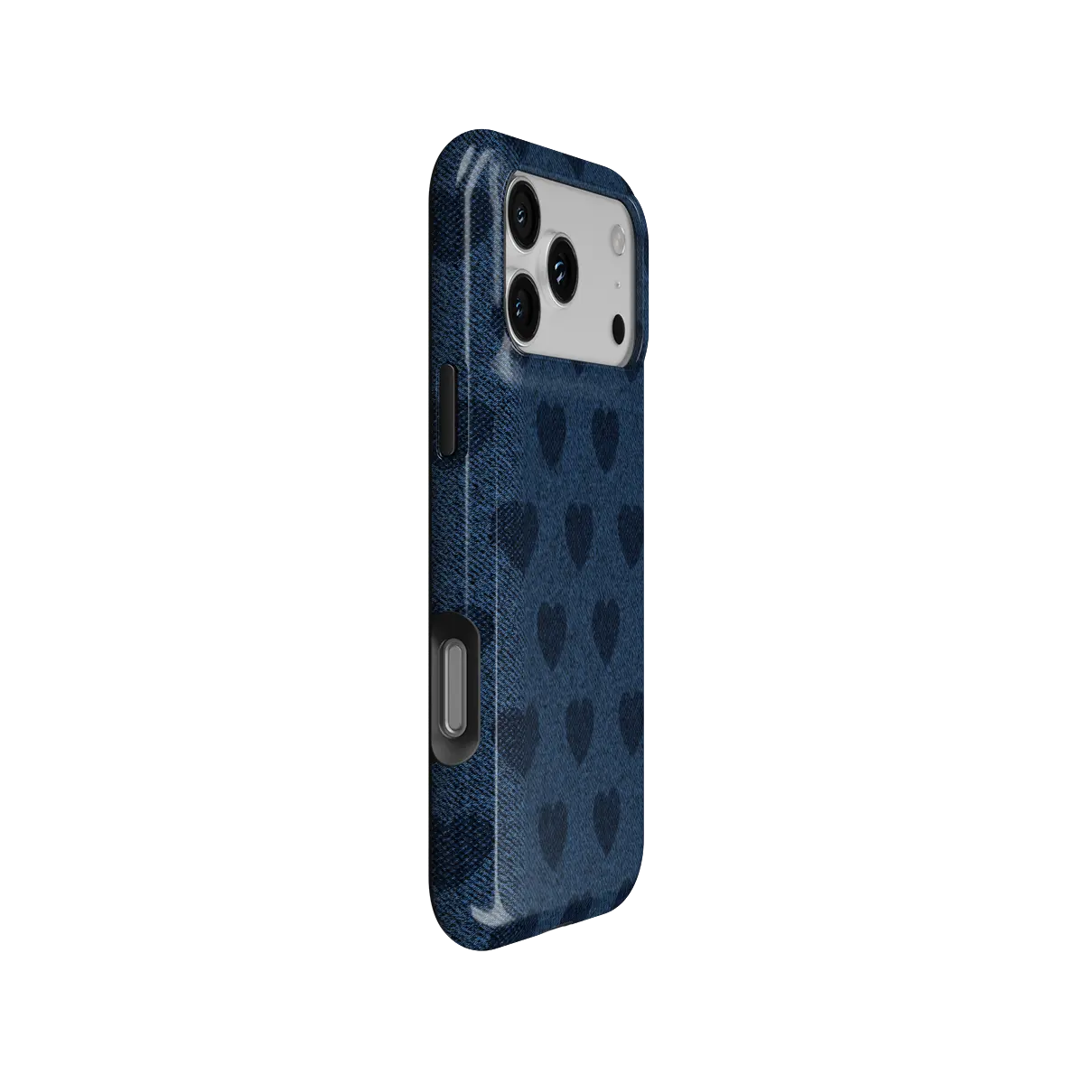 Denim Heart, Y2K Blue Jean Vintage iPhone Case, side angle view showing precise button cutouts and wraparound edge