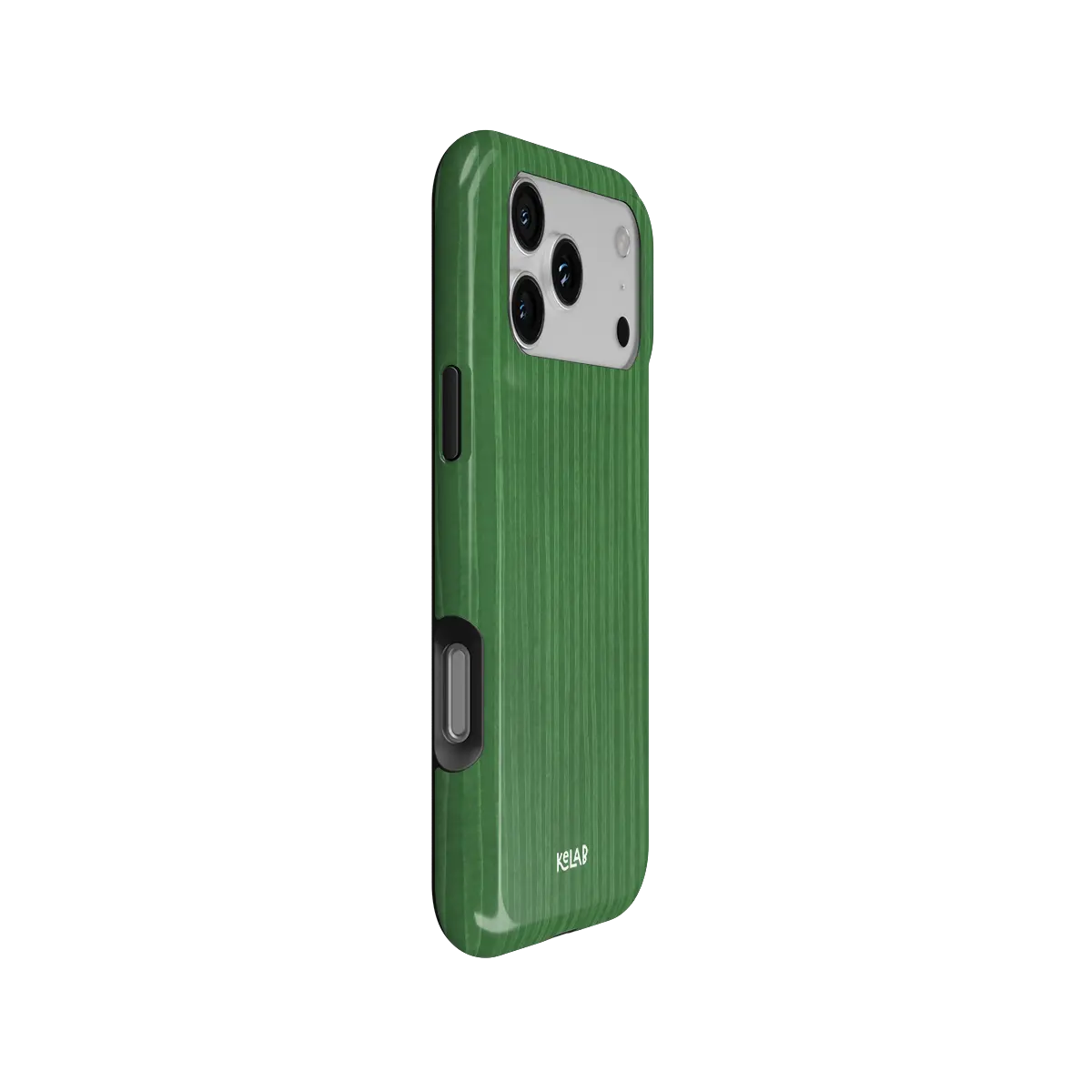 Green Stripe Pattern iPhone Case, side angle view showing precise button cutouts and wraparound edge
