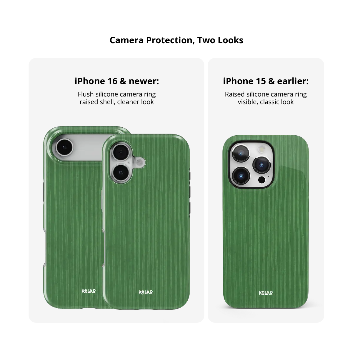 Green Stripe Pattern iPhone Case, camera protection and iPhone model size comparison