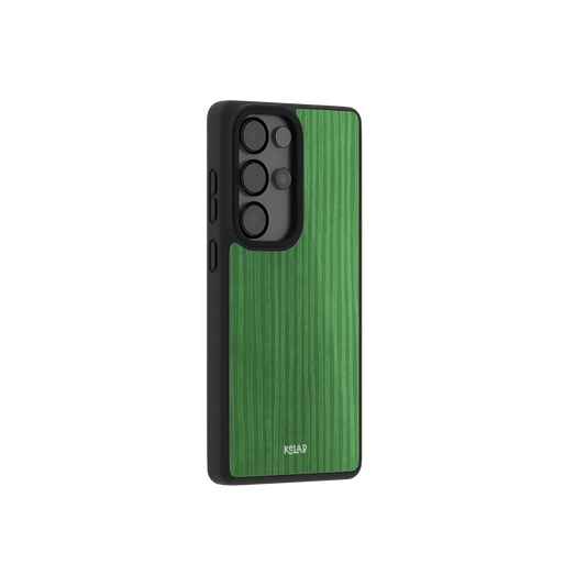 Emerald green stripe Samsung Galaxy case at a side angle showing the wrapped button covers
