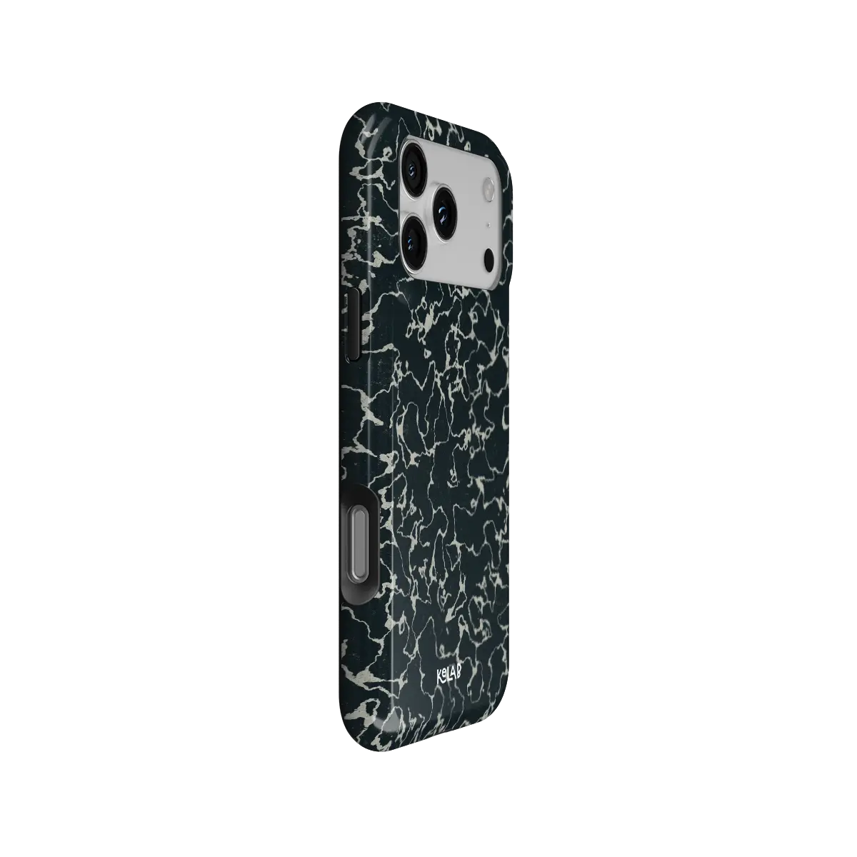 Abstract Black Marble iPhone Case, side angle view showing precise button cutouts and wraparound edge