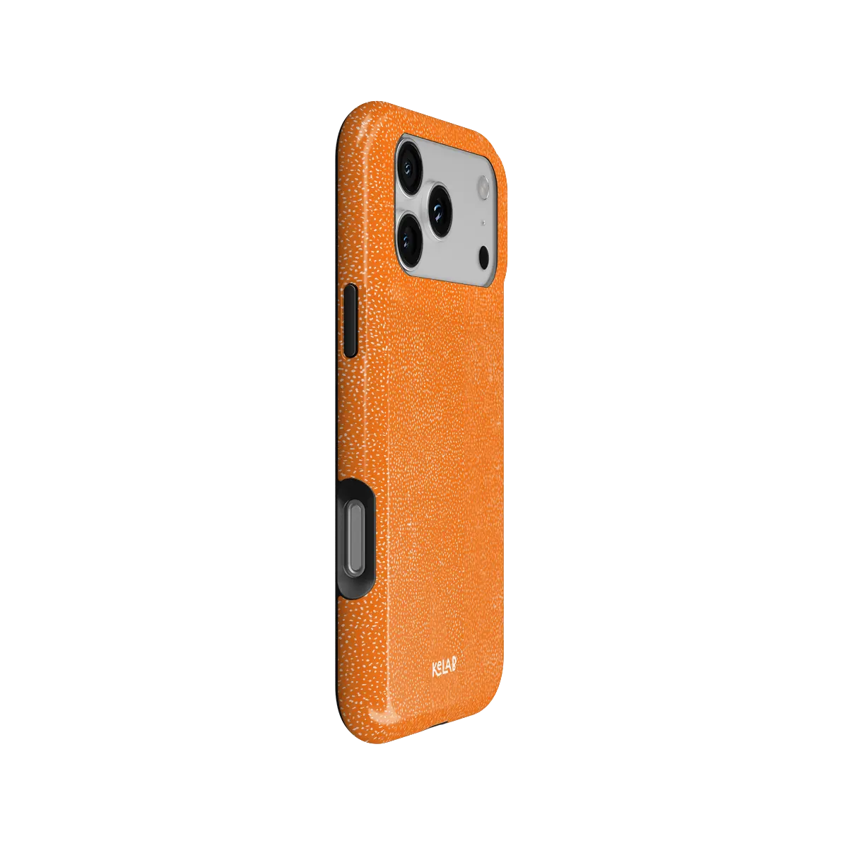 Electric Orange Textured iPhone Case, side angle view showing precise button cutouts and wraparound edge