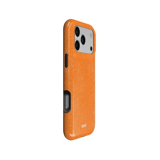 Electric Orange Textured iPhone Case, side angle view showing precise button cutouts and wraparound edge