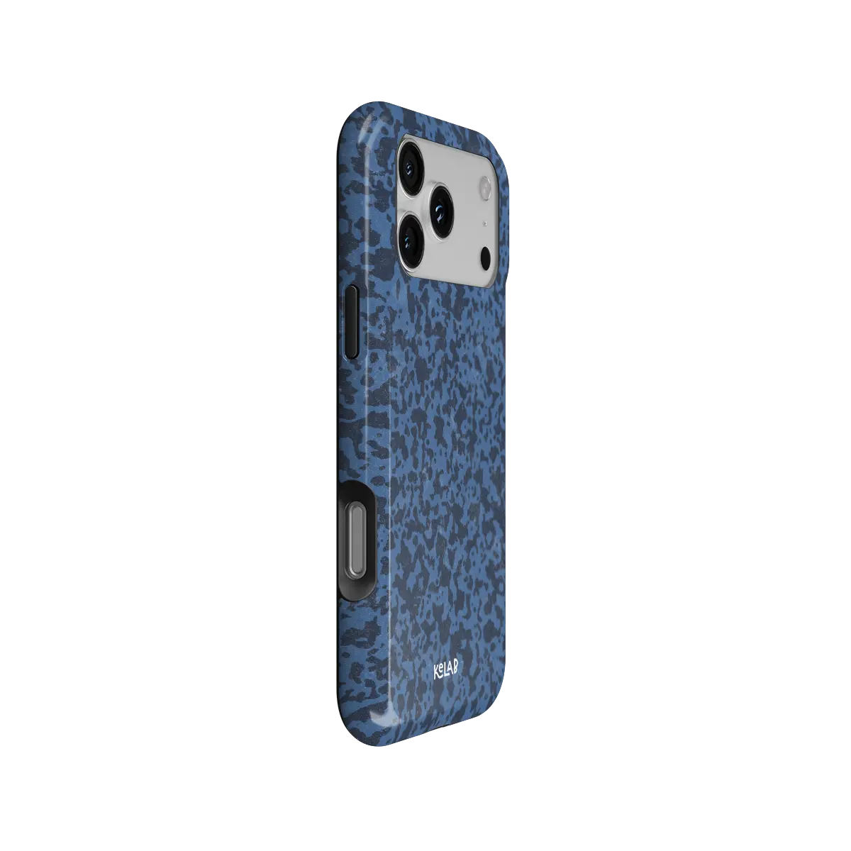 Dark Blue Marble iPhone Case, side angle view showing precise button cutouts and wraparound edge